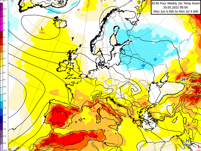 Colour weather graphic over map of UK and Europe