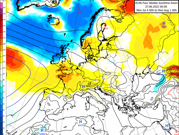 Map of forecast sunshine in July across Europe 