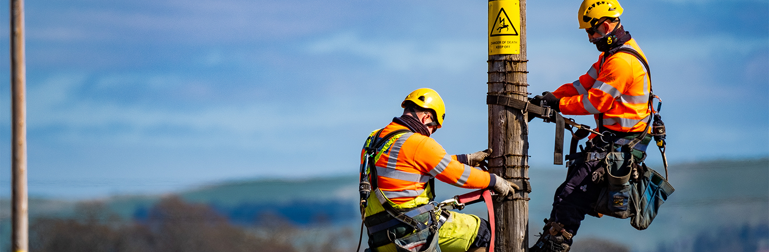 Engineers climbing pole 